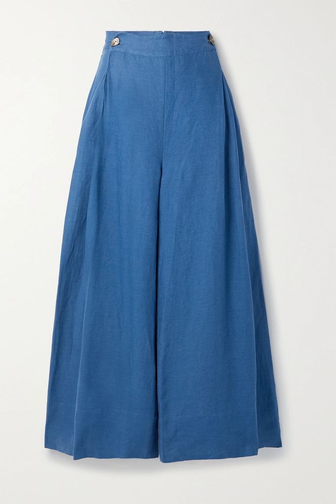 Pleated Linen Wide-leg Pants - Blue