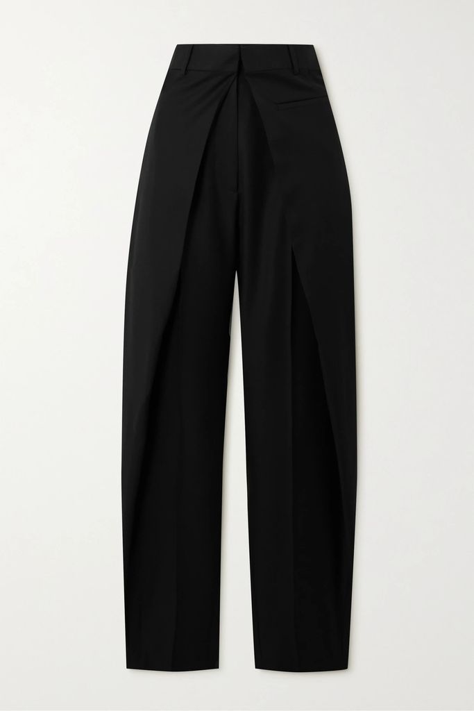 Layered Pleated Wool-twill Straight-leg Pants - Black