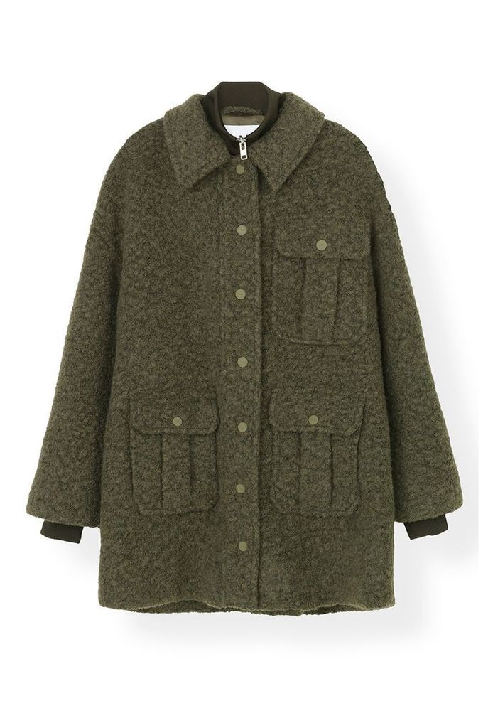 Ganni Boucle Wool Coat in Kalamata - DK36 Green