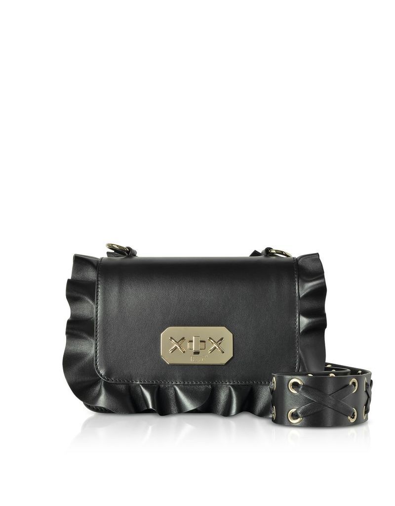 RED Valentino Designer Handbags, Black Studded Leather Ruffle Small Shoulder Bag