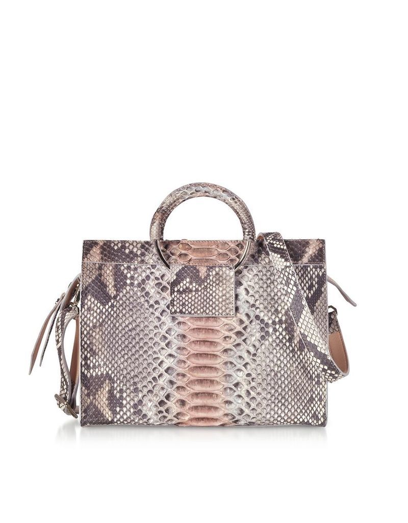 Ghibli Designer Handbags, Pearl Gray and Pale Pink Python Leather Small Satchel Bag w/Metal Handles