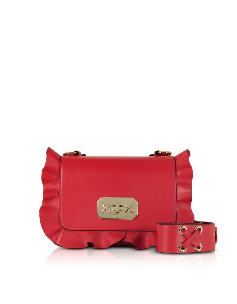 RED Valentino Designer Handbags, Flame Red Leather Ruffle Small Shoulder Bag