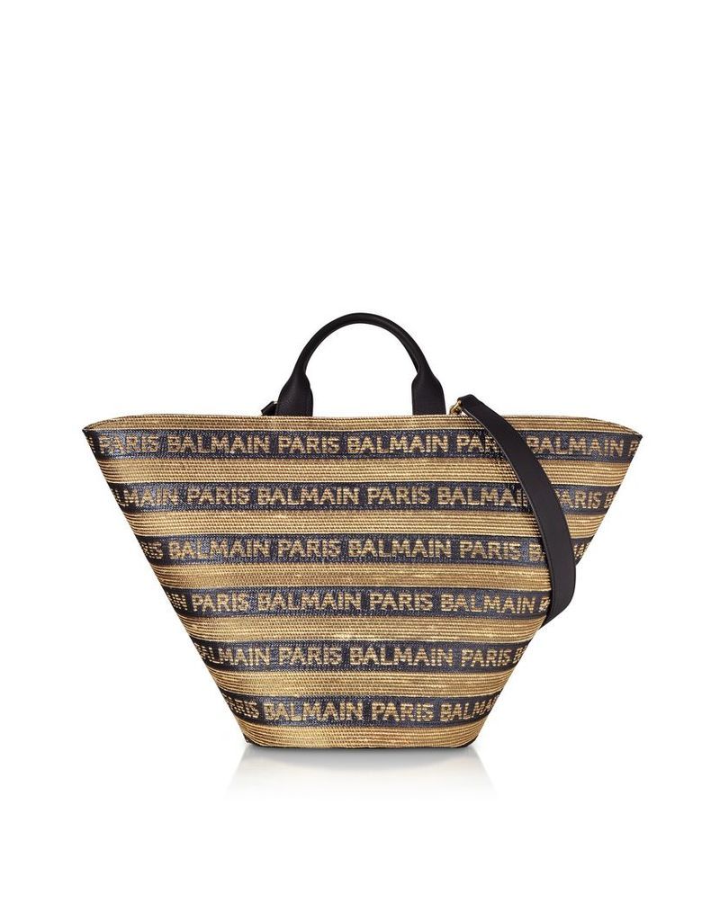 Balmain Designer Handbags, Beige/Noir Raffia Panier Plage Bag