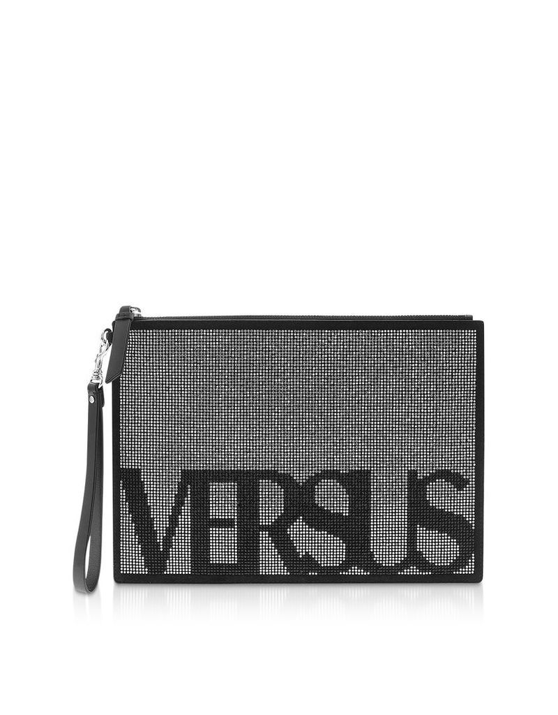 Versace Versus Designer Handbags, Signature Crystals and Suede Flat Clutch