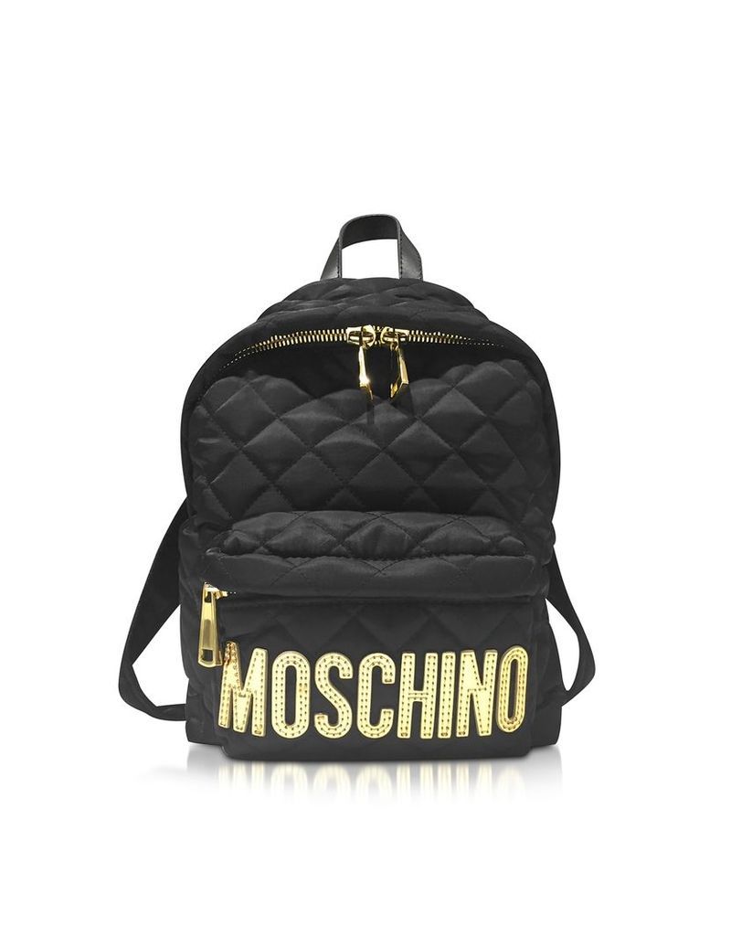 Moschino Designer Handbags, Black Quilted Nylon Small Backpack w/Golden Logo