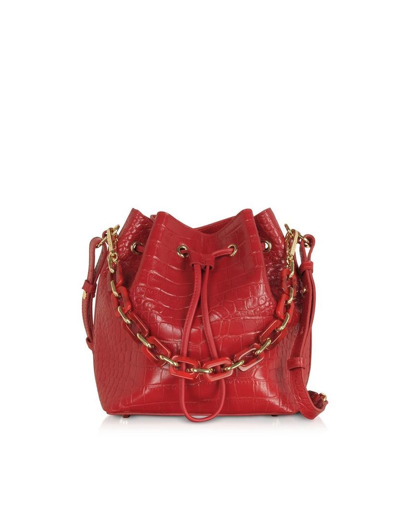 Designer Handbags, Exotic Croco Embossed Leather Bucket Bag
