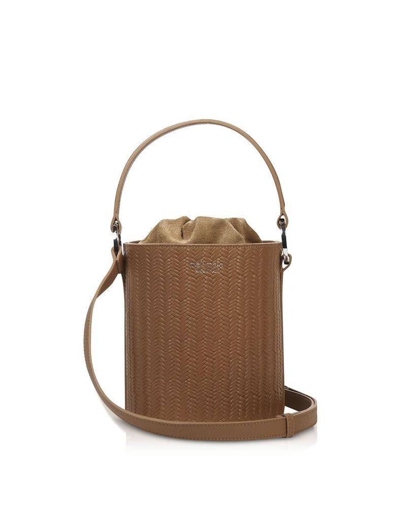 Meli Melo Designer Handbags, Light Tan Woven Santina Mini Bucket bag