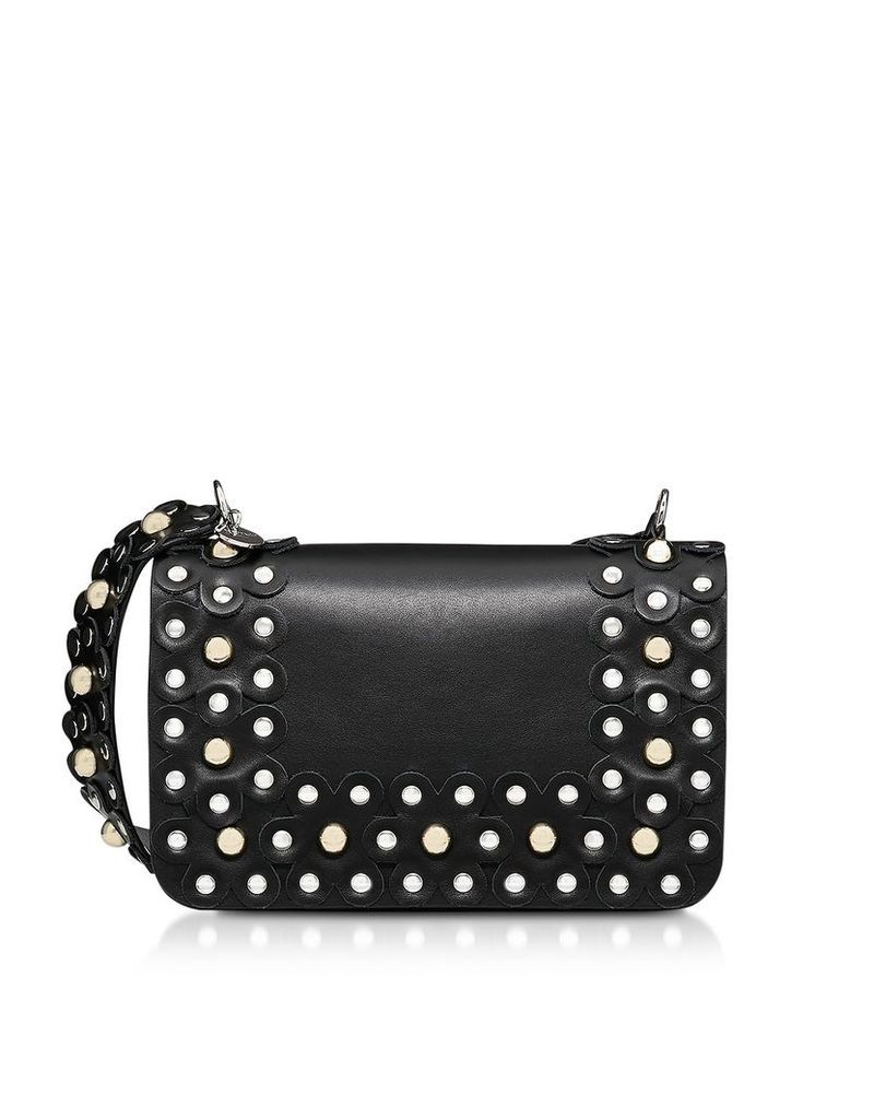 RED Valentino Designer Handbags, Flower Puzzle Black Leather Shoulder Bag