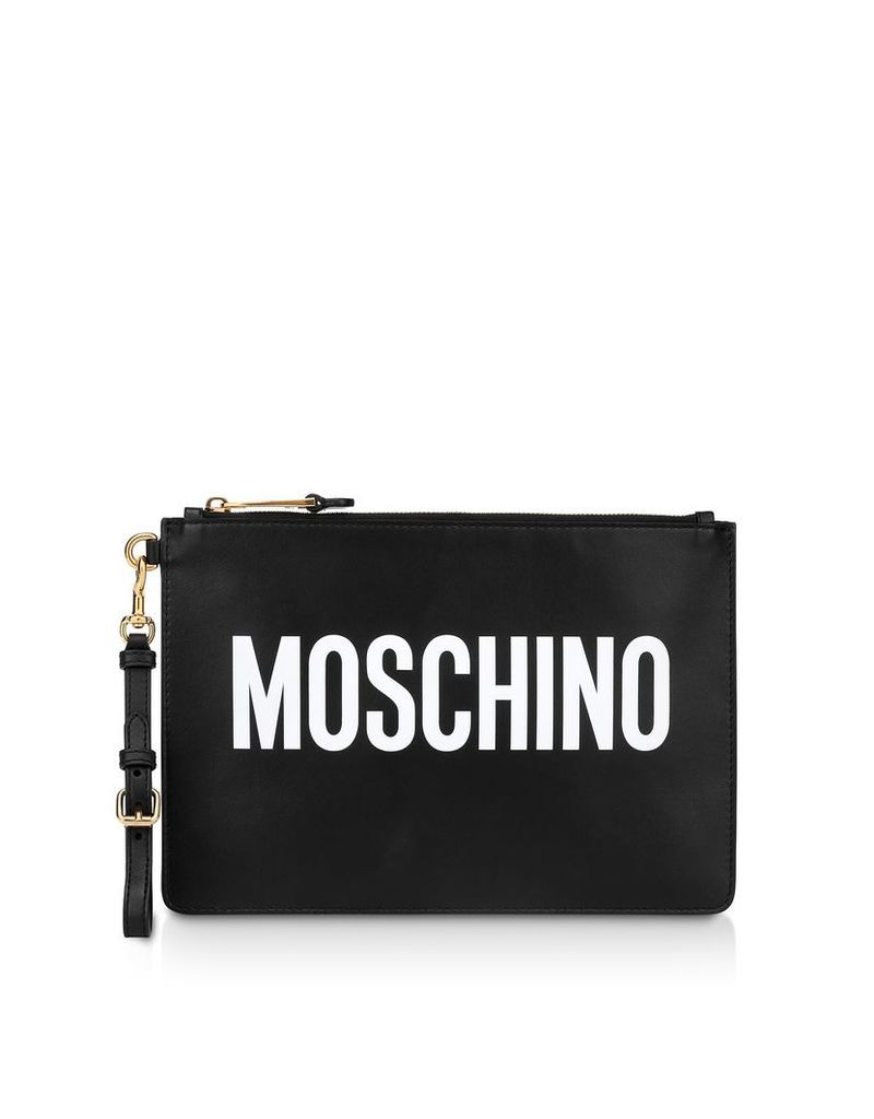 Moschino Designer Handbags, Black Leather Signature Flat Clutch
