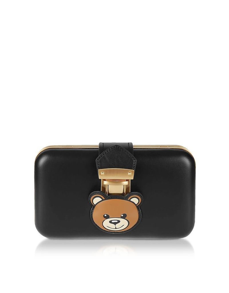 Moschino Designer Handbags, Black Teddy Pocket Leather Clutch w/Chain Strap