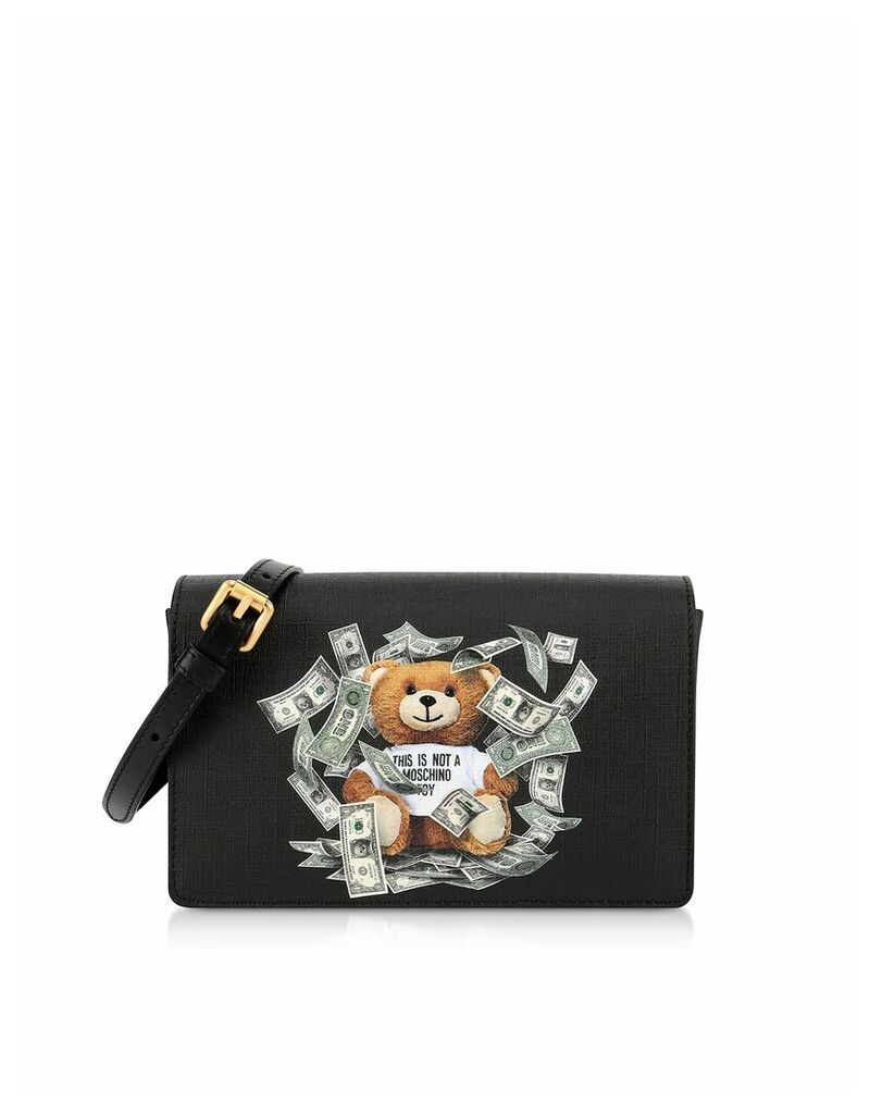 Moschino Designer Handbags, Black Dollar Teddy Bear Patch Shoulder Bag
