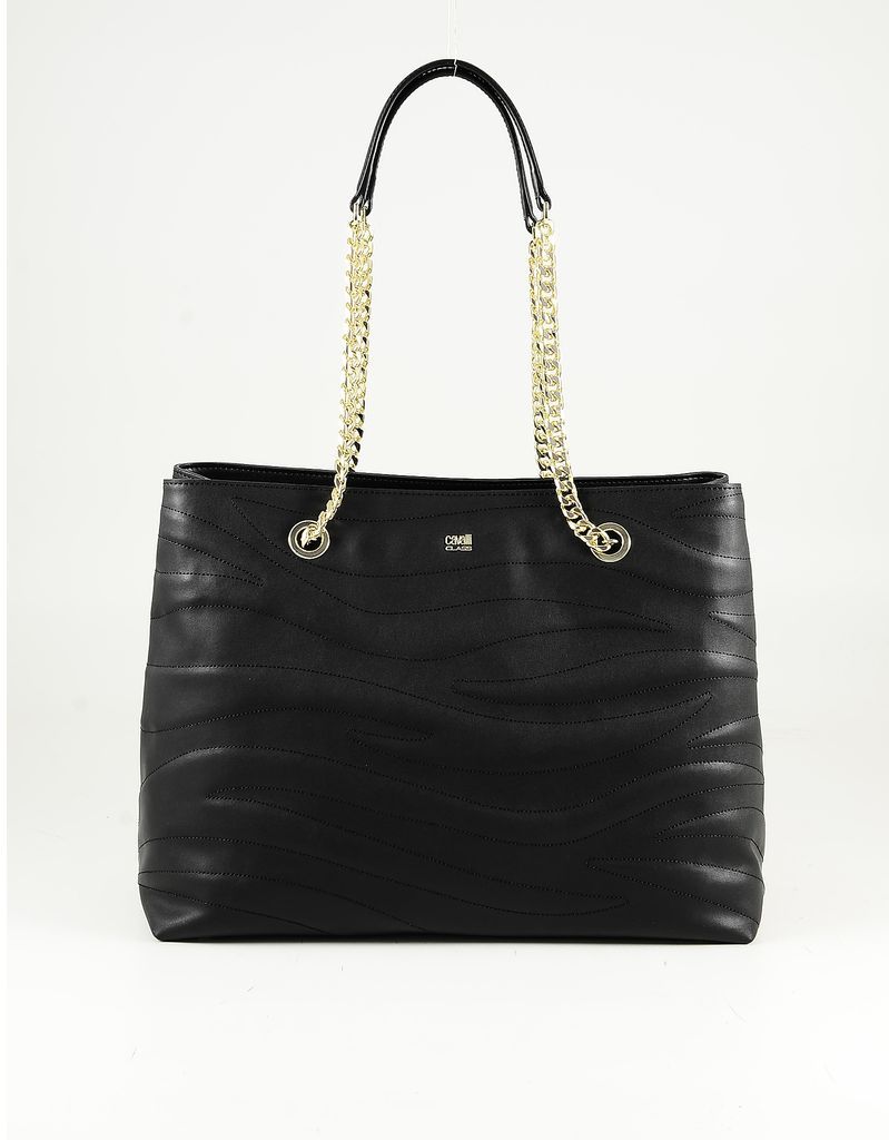 Designer Handbags, Black Leather Tote Bag w/Chain Straps
