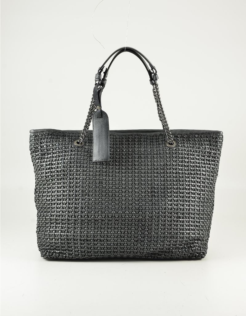 Designer Handbags, Gray Woven Leather Tote Bag w/Chain Handles