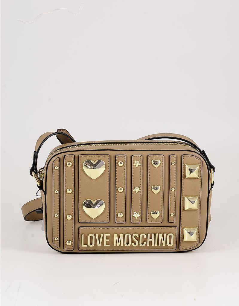 Designer Handbags, Camel Eco Leather Hearts Studded Shoulder Bag