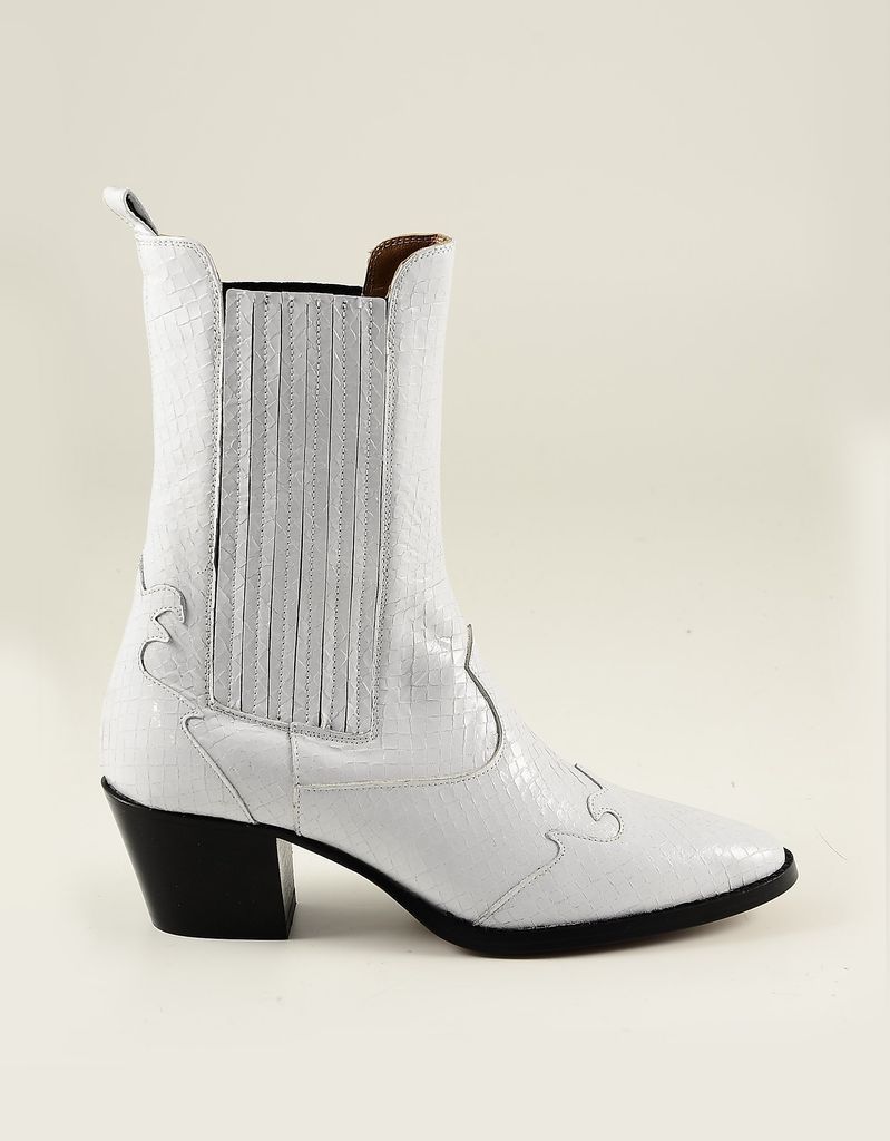 Designer Shoes, White Embossed Leather Cowboy Boots
