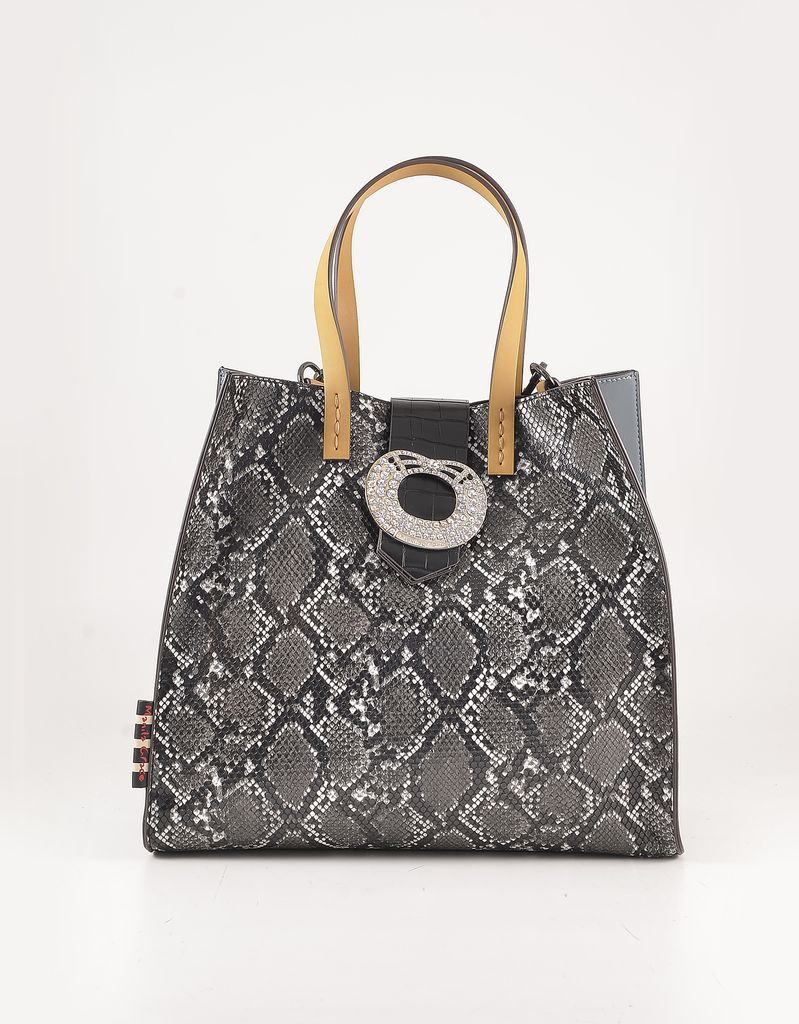Designer Handbags, Python Print Eco-Leather Bag w/Yellow handles