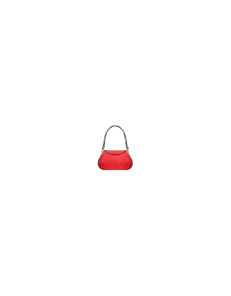 Designer Handbags, Red Croco-embossed Leather Flap Bag w/Python Trim