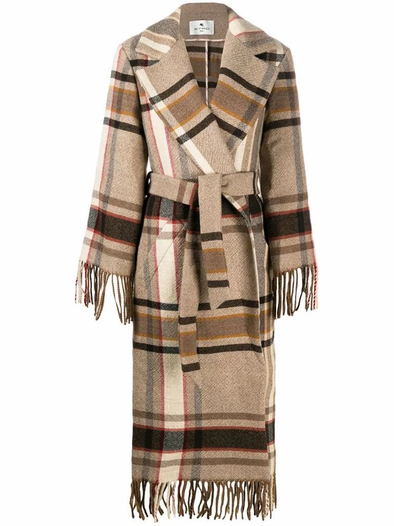 tartan-pattern fringed coat
