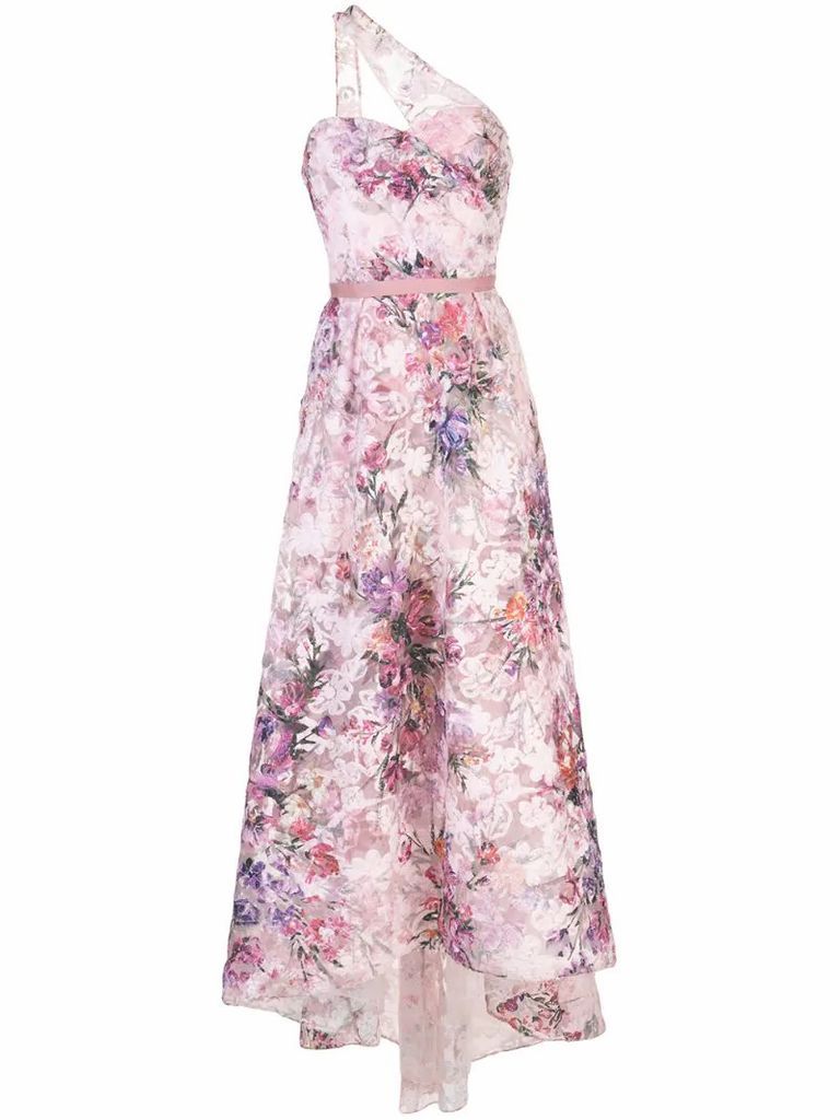 floral-print one-shoulder gown