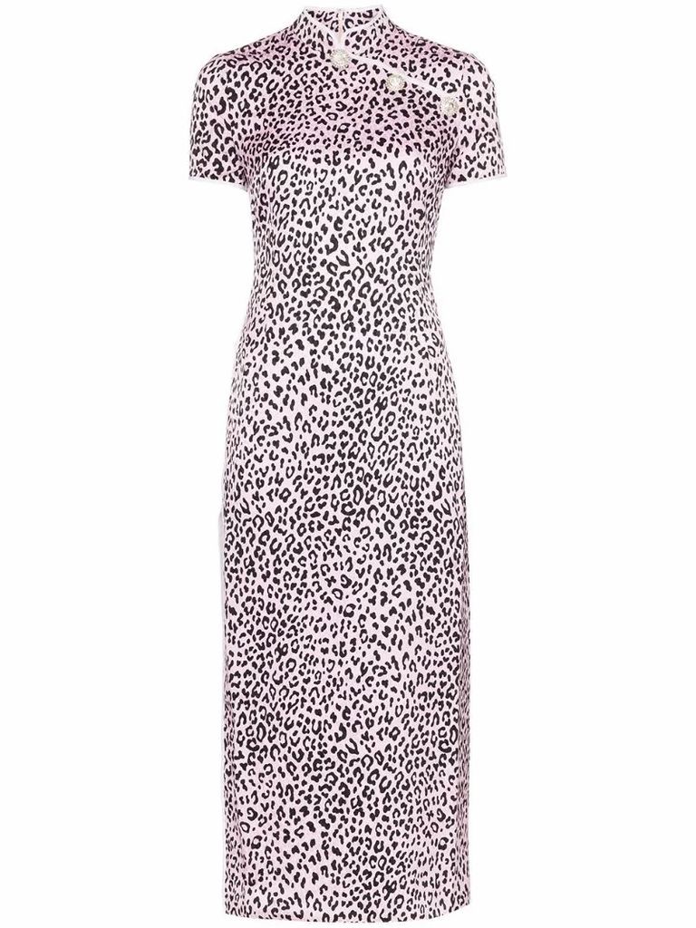 Fitted cheetah print silk cheongsam dress