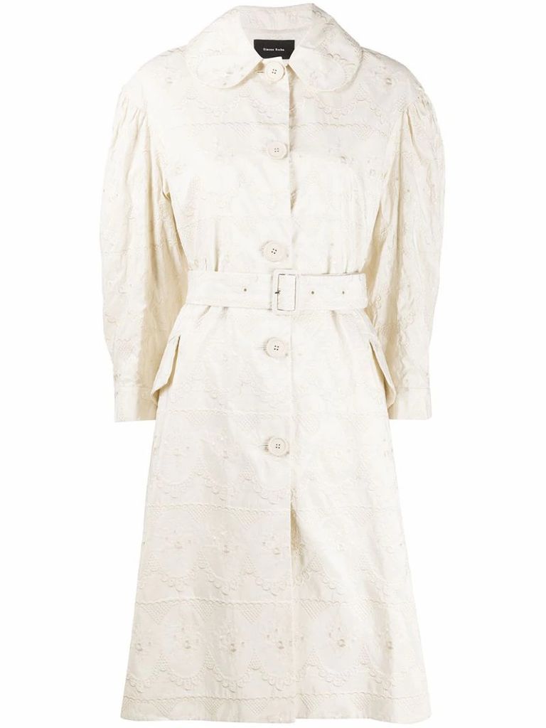 tonal-embroidered belted coat