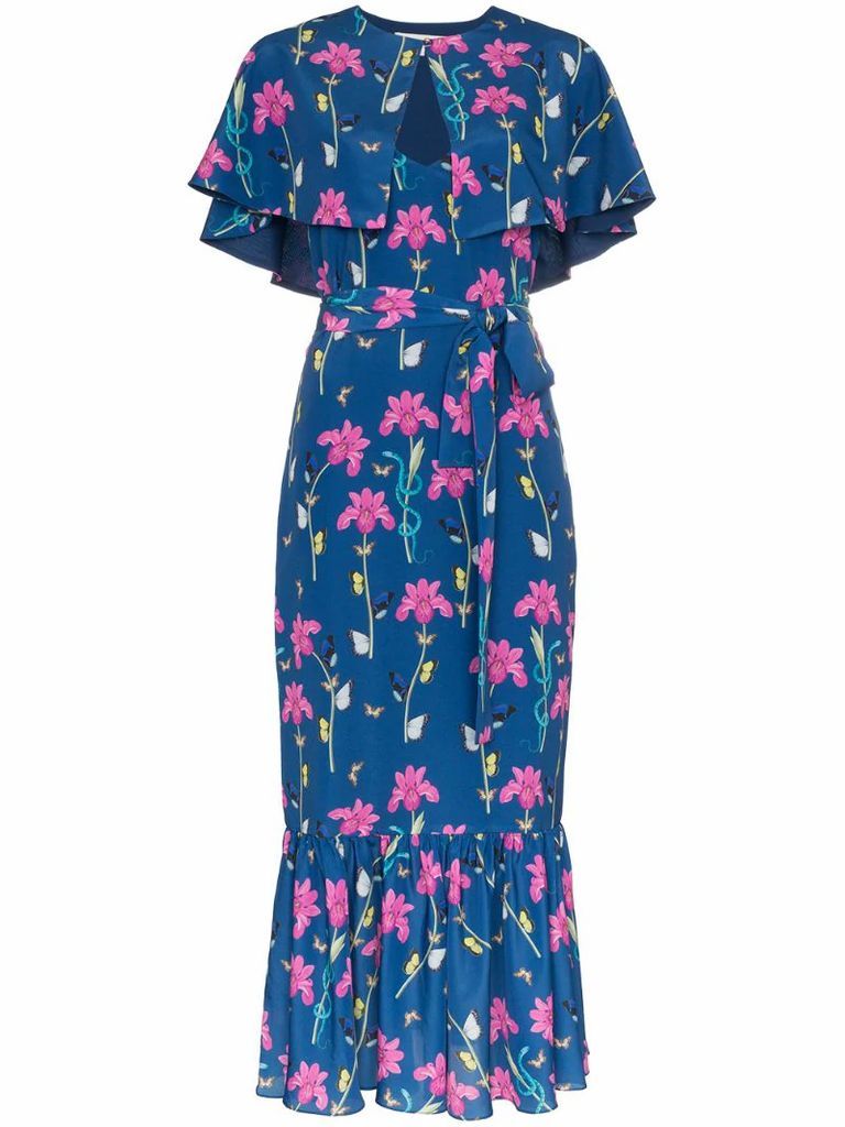 blue Margarita crepe floral print cape detail dress