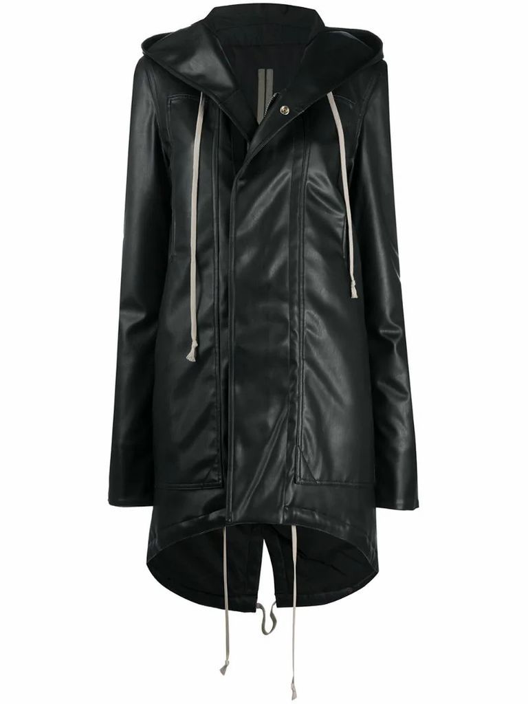 faux-leather hooded coat