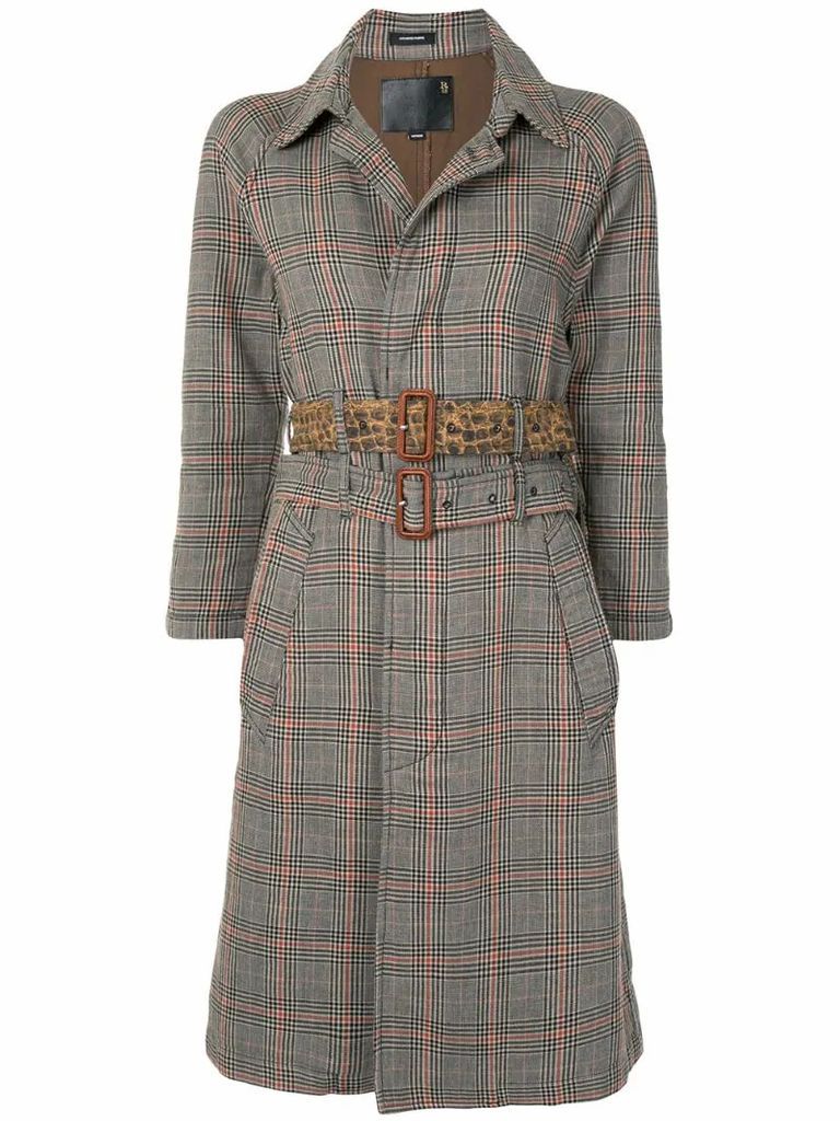 double-belt check trench coat