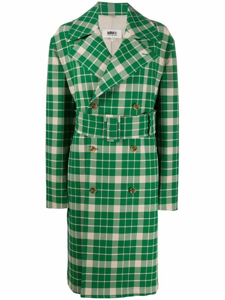 checked belted trench coat