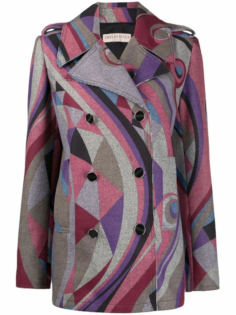 abstract print double-breasted coat