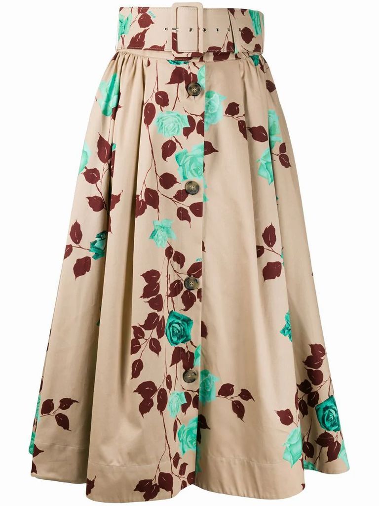 floral print belted midi skirt