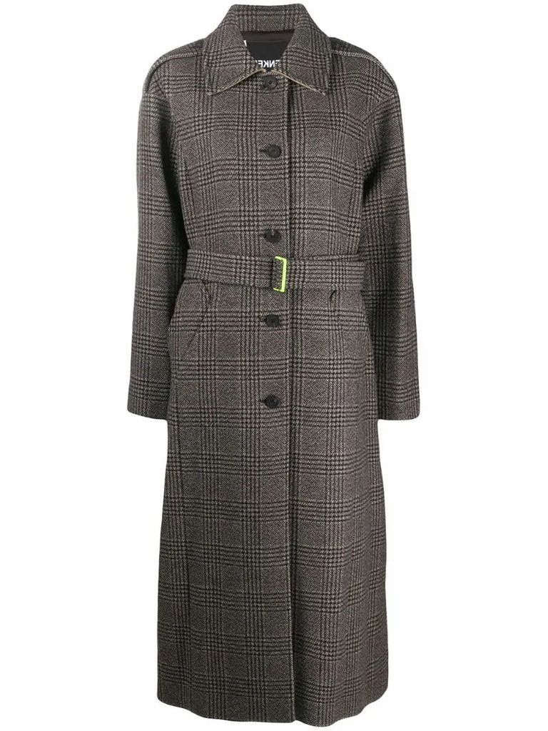 check belted single-breasted coat