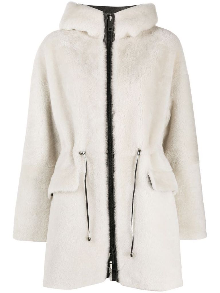 reversible shearling hooded coat