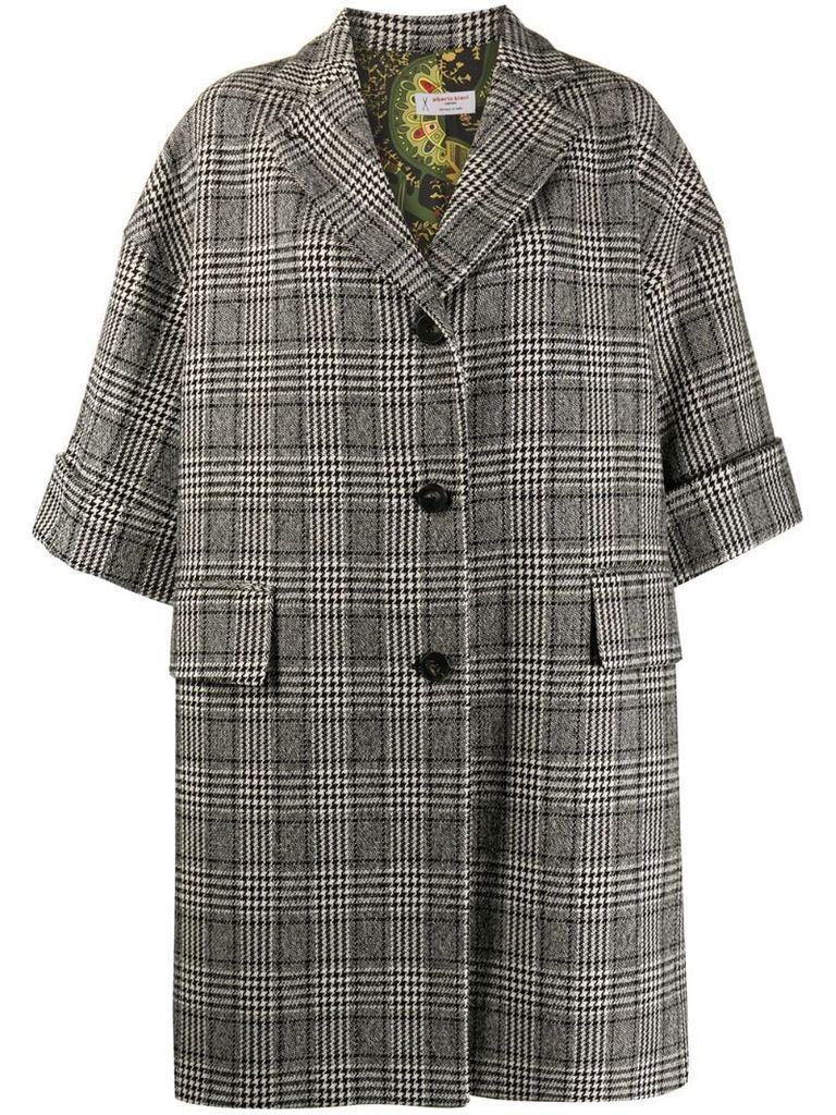 cropped-sleeve checked coat