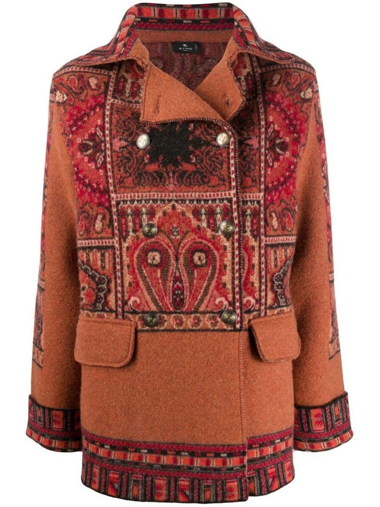patchwork-print double-breasted coat