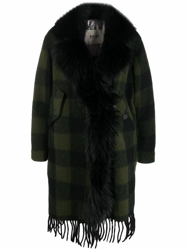 faux fur collar checked coat
