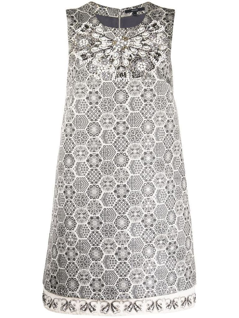 geometric print bead embroidered dress
