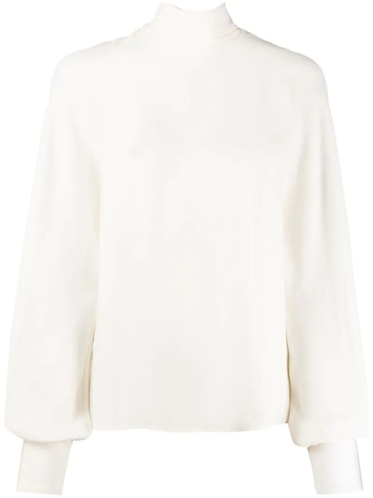 high-neck billowing sleeved blouse