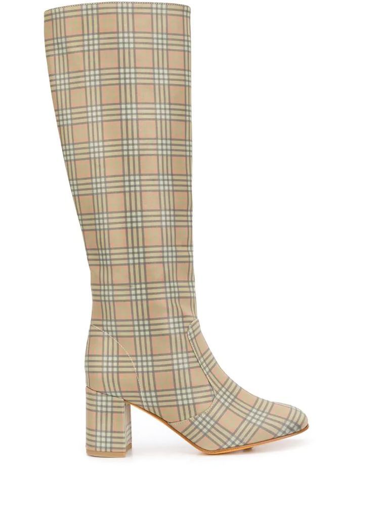 plaid patterned knee-high boots