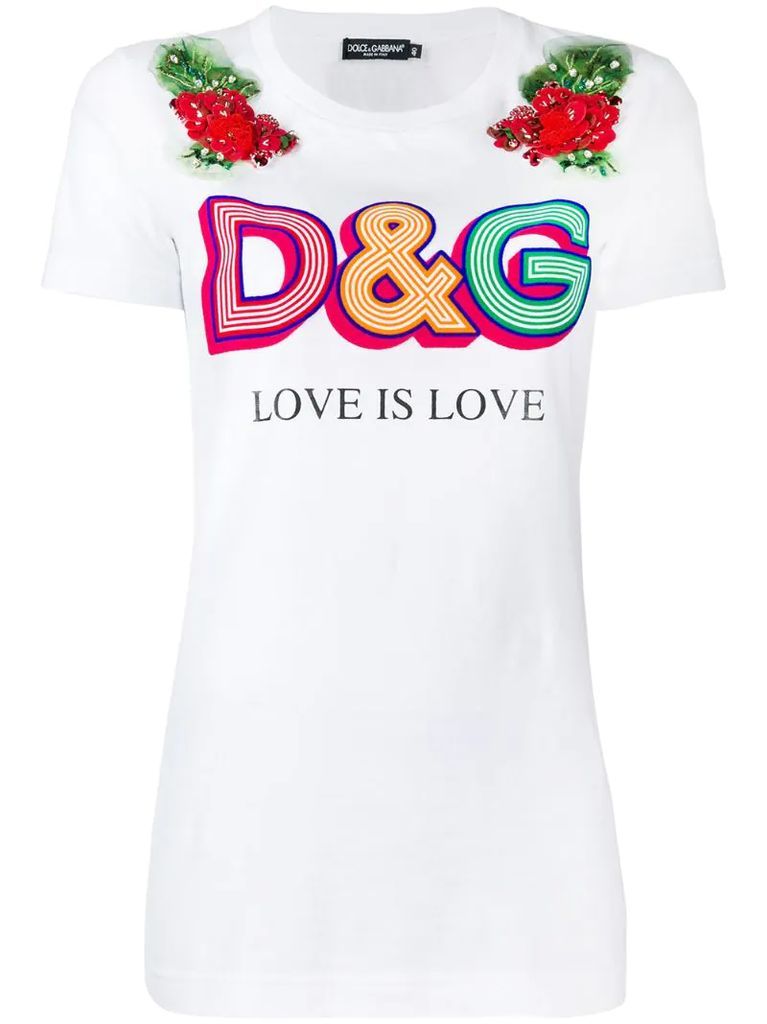 logo-print flower-embellished T-shirt