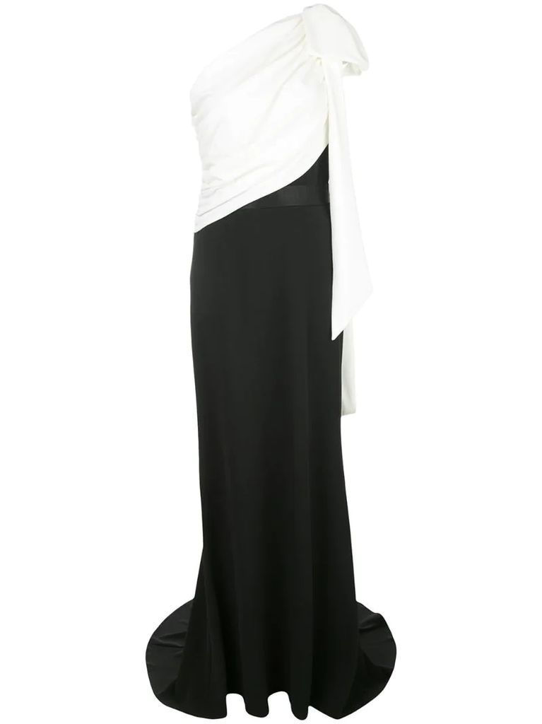 bi-colour pleated one-shoulder gown