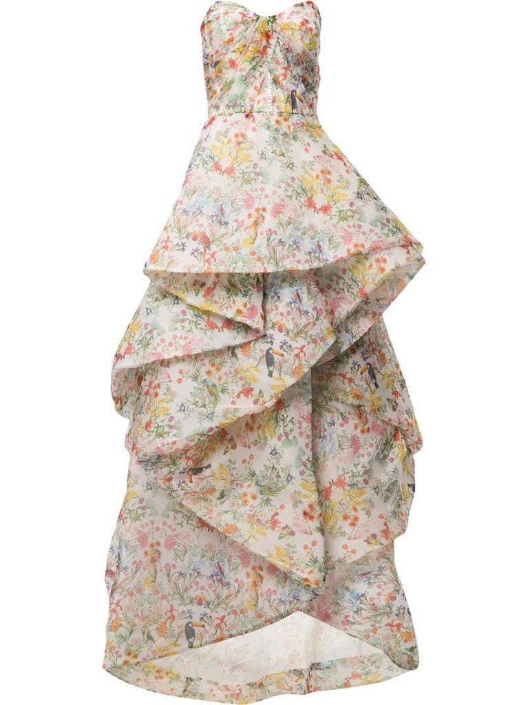 floral-print organza ruffled gown