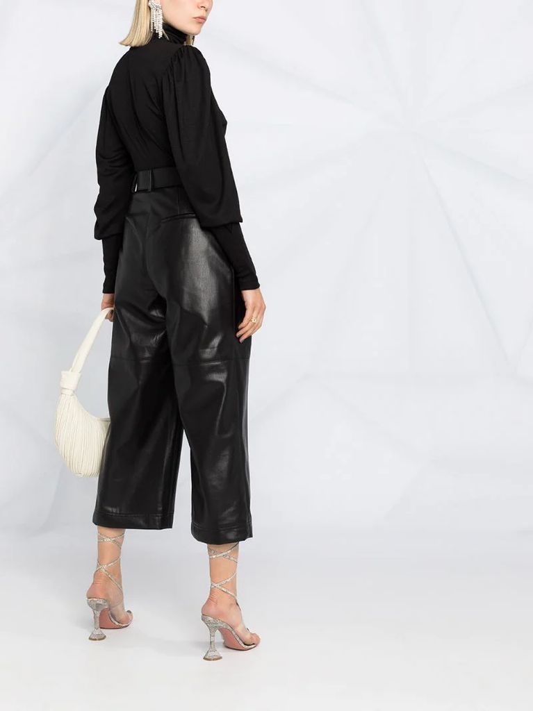high-waisted leather look trousers