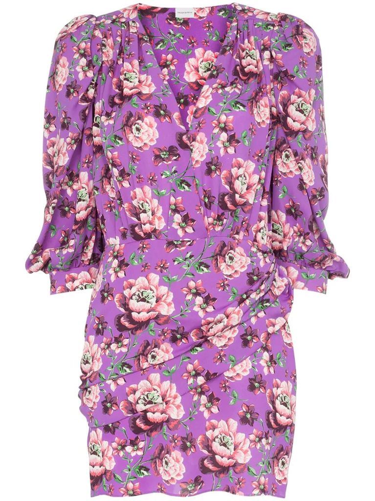 Faro floral print button-down peasant sleeve silk mini dress