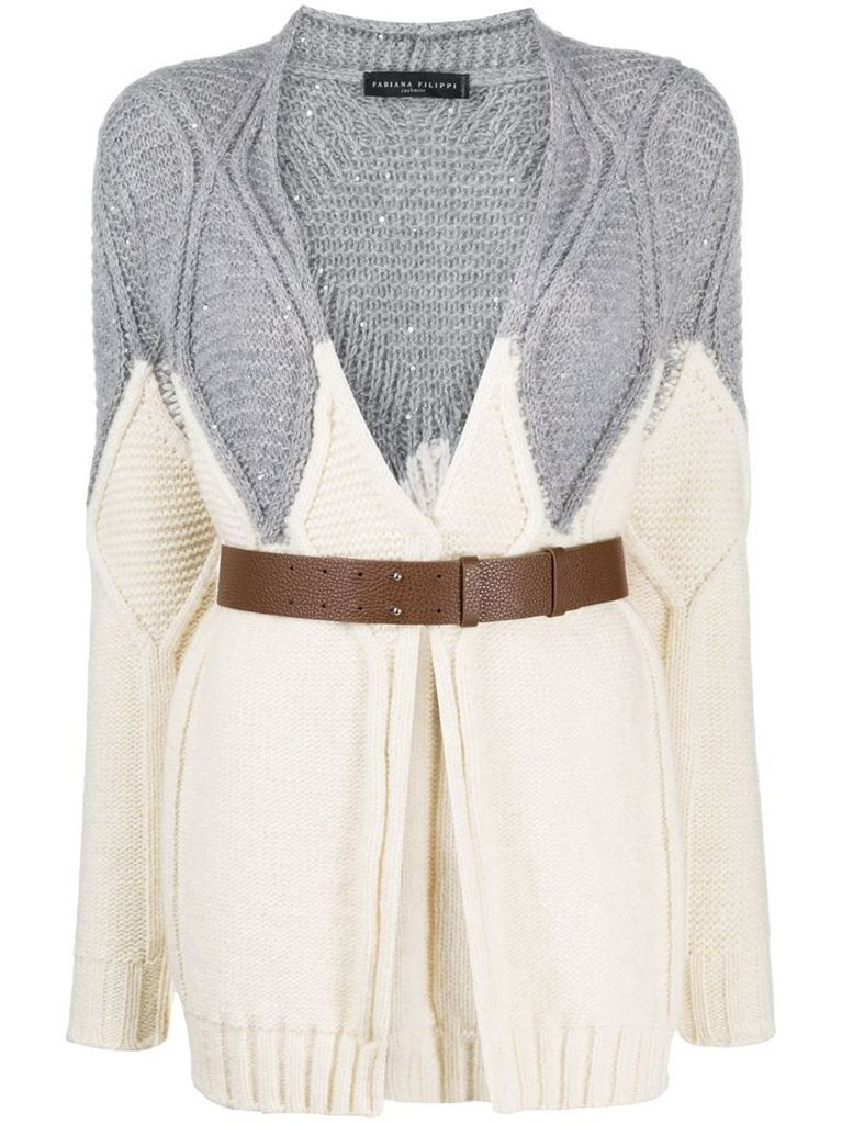 belted diamond-knit cardigan