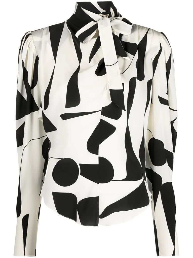 abstract-print tie-neck blouse