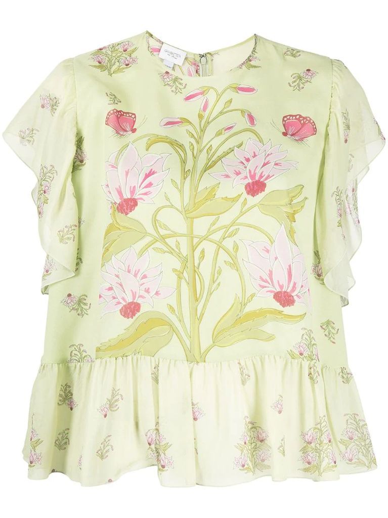 floral-print ruffled silk blouse
