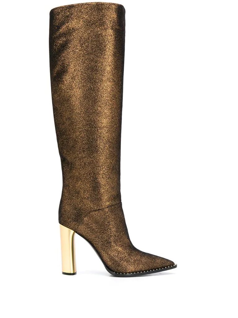 glitter metallic heel knee-high boots