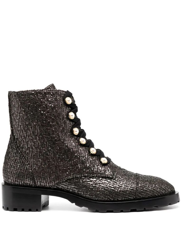 pearl-embellished textured combat boots