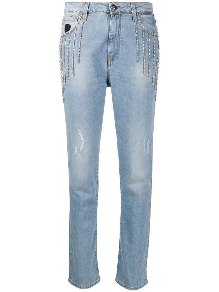 denim embellished high rise jeans